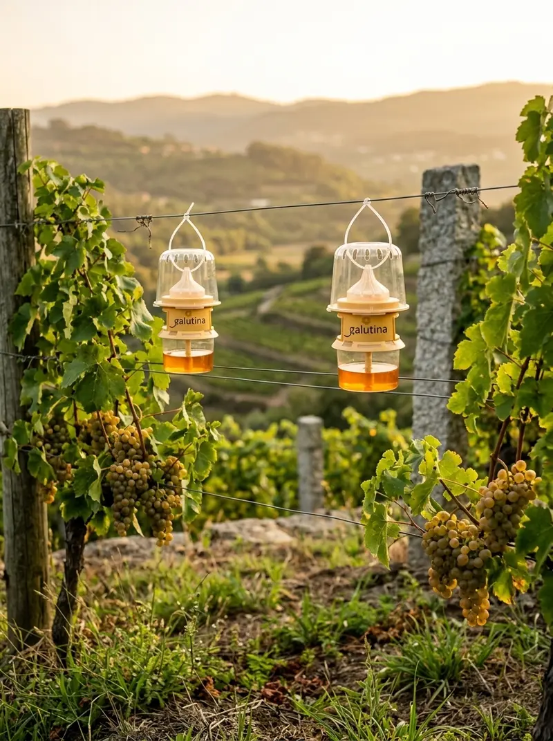 Varias trampas Galutina despregadas ao longo dunha fila de viñedo galego